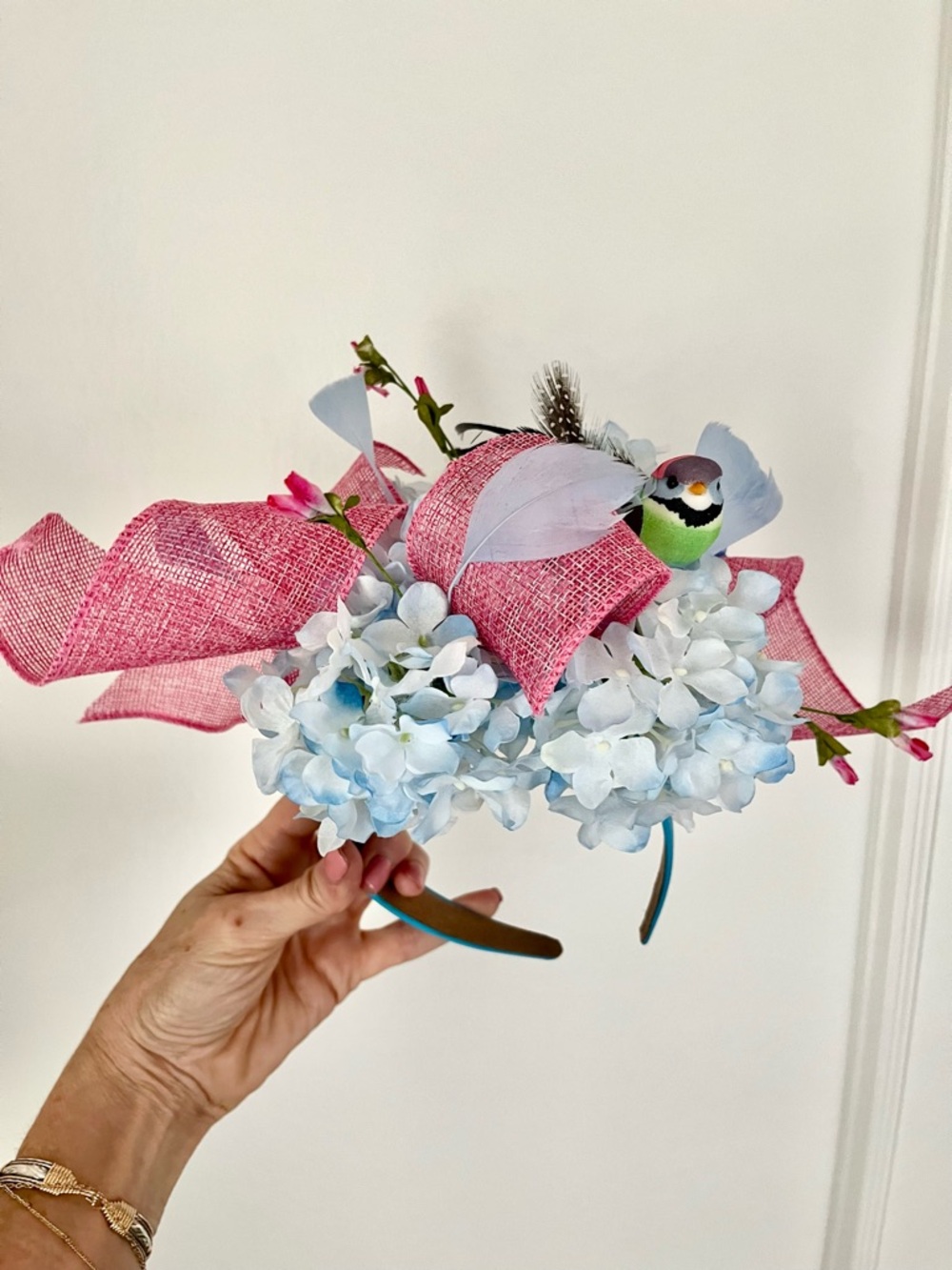 Custom Derby fascinator - Blue and Pink with whimsical bird detail